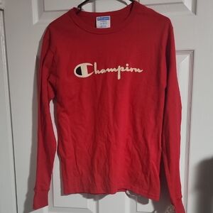 Champion Red Long Sleeve Crewneck with Cream Script Logo